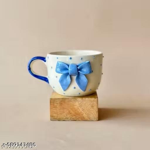 Handmade Ceramic Coffee Cup with Blue Bow | Cute Polka Dot Tea Mug | Aesthetic Ceramic Drinkware